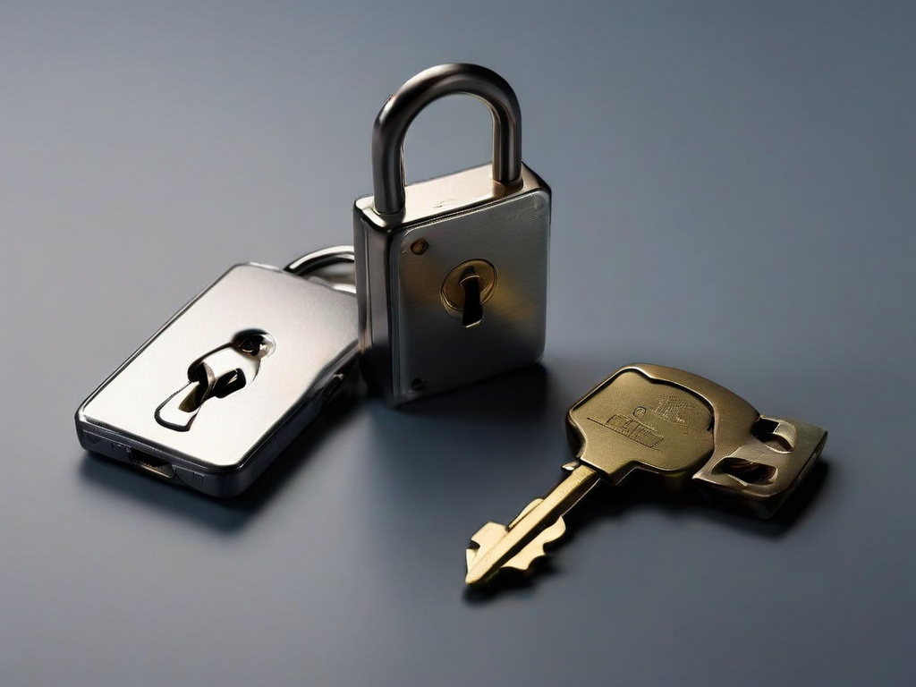 Metal lock and blank security card on gray surface for account safety metaphor.