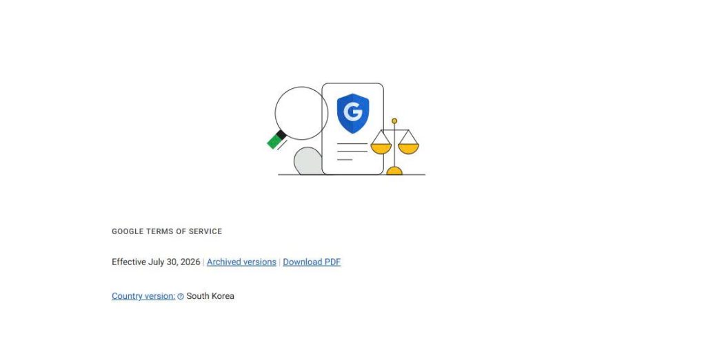 Google Terms of Service showing the country version and service provider applicable to users in a specific region,