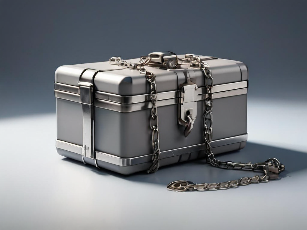 A sealed metal case on a matte gray surface with a short chain and small blocks representing file locations.