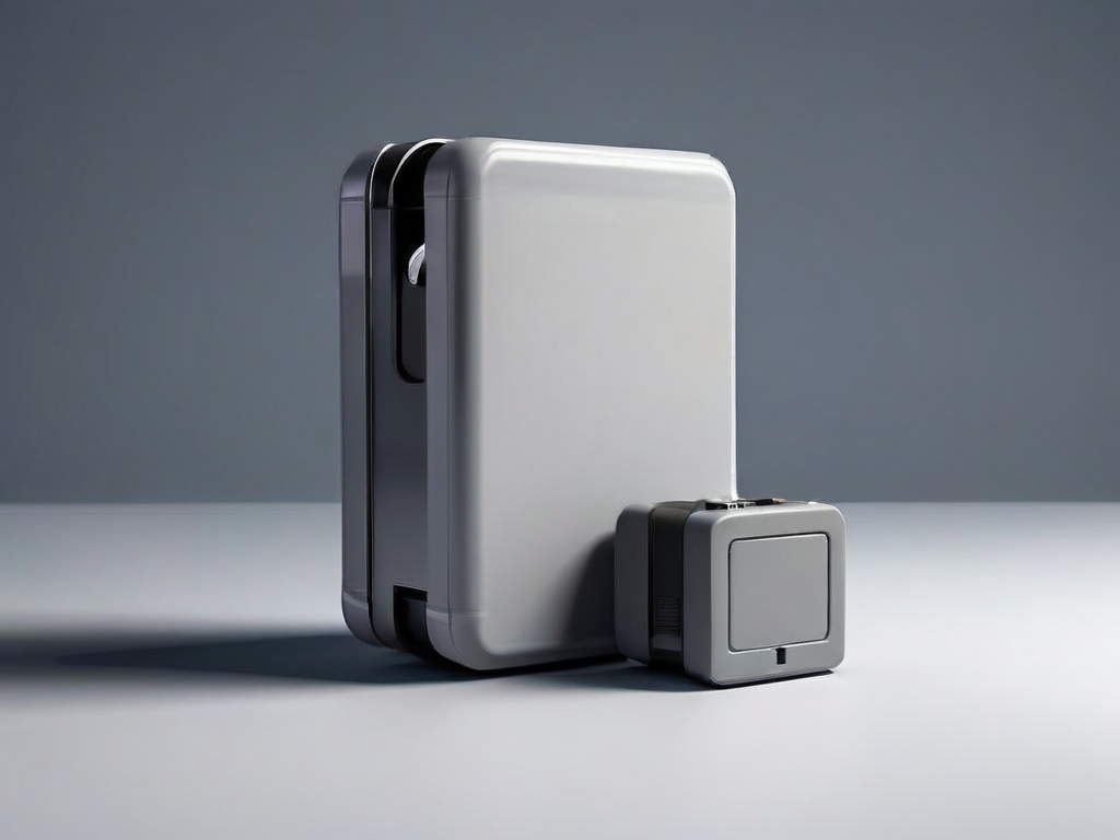 Three blank data storage blocks stacked next to a portable hard drive and a small capacity gauge on a gray studio surface.