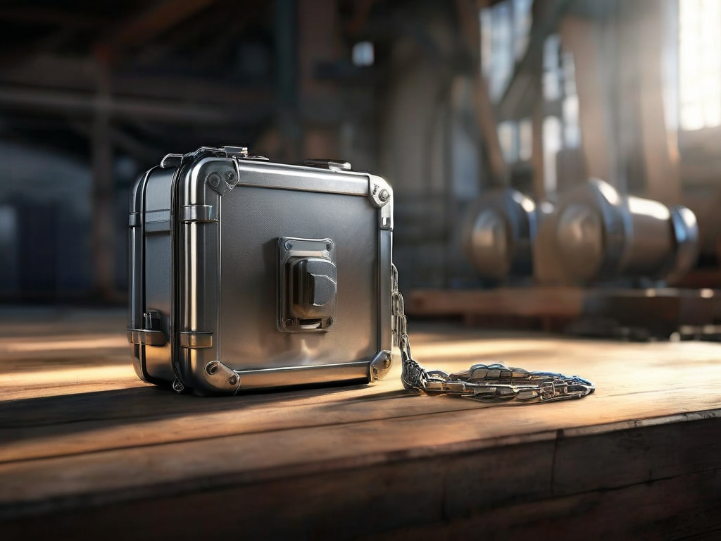 Metal storage case with chain and small file-location blocks on brushed metal surface, morning light, shallow depth of field.