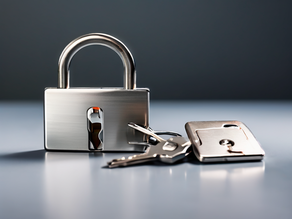 Small metal lock, closed key case, and blank security card on brushed metal surface, angled morning light, shallow depth of field.