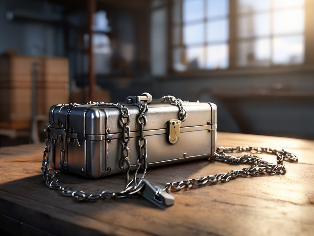 A sealed metal storage case with a short chain and small blocks depicting file locations on a brushed metal surface.