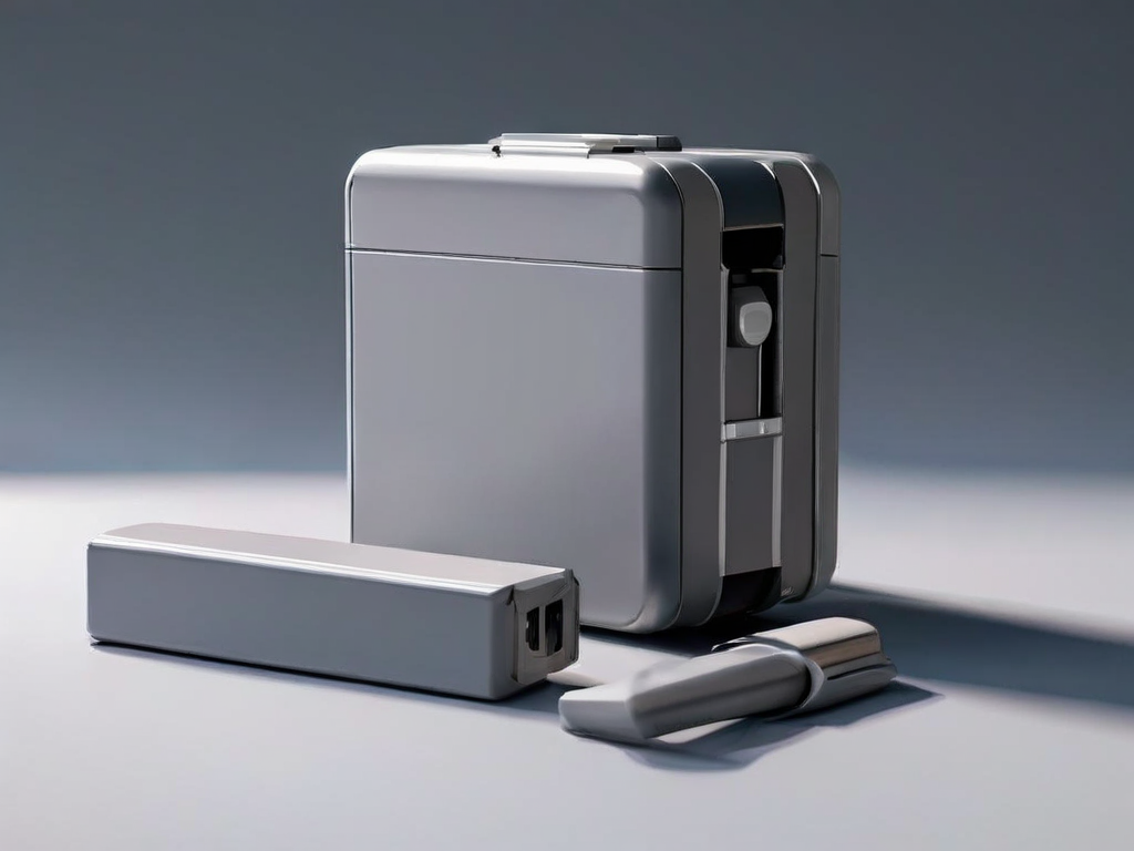 Portable storage drive and stacked data blocks on a gray studio surface.