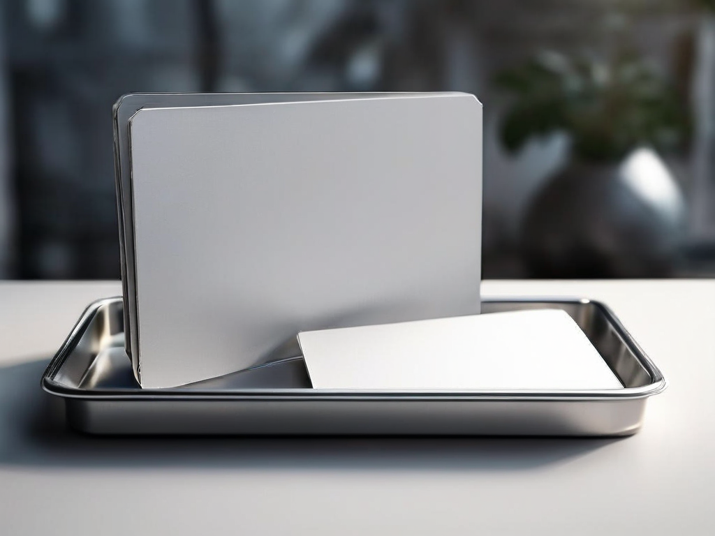 Blank divider cards and storage tray on brushed metal surface, morning light, shallow depth of field.