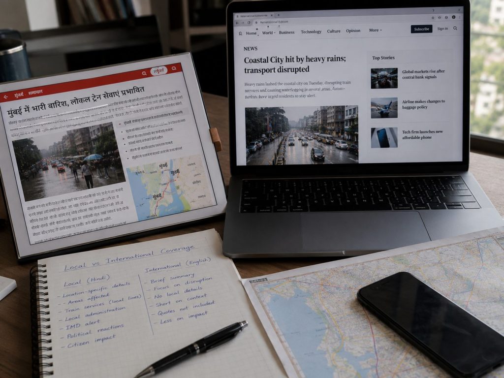 Local-language and international news reports about the same heavy-rain disruption displayed side by side, with notes comparing omitted locations, transport routes, authorities, and community impacts.