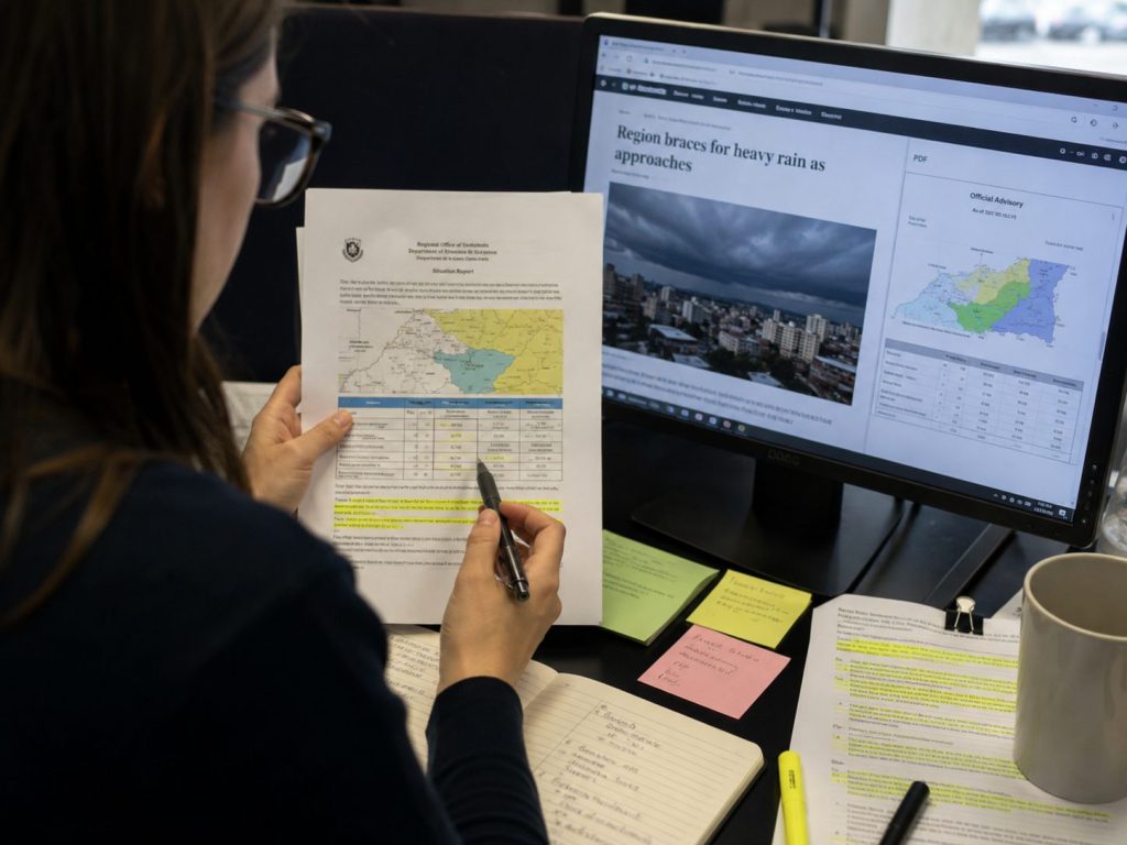 Researcher comparing an international news article with a regional government advisory, map, and data table to verify affected areas, official warnings, and local details.