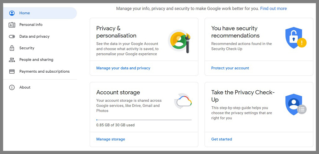 Google privacy dashboard allowing users to manage activity, delete history, and download data stored in their account.
