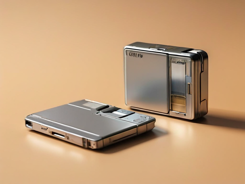 A memory card, sealed external drive, and blank photo sleeve on a brushed metal surface in angled morning daylight.