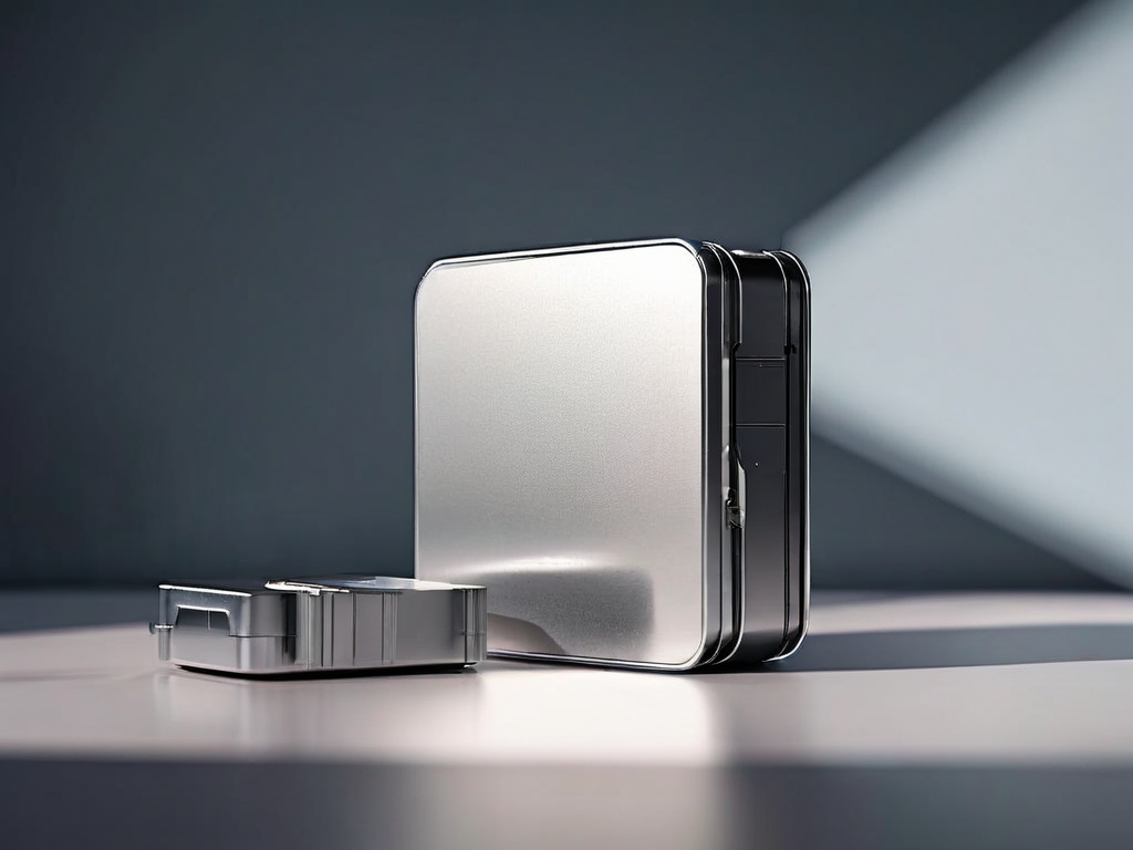External drive and stacked data blocks on a brushed metal surface with a capacity gauge, morning light.