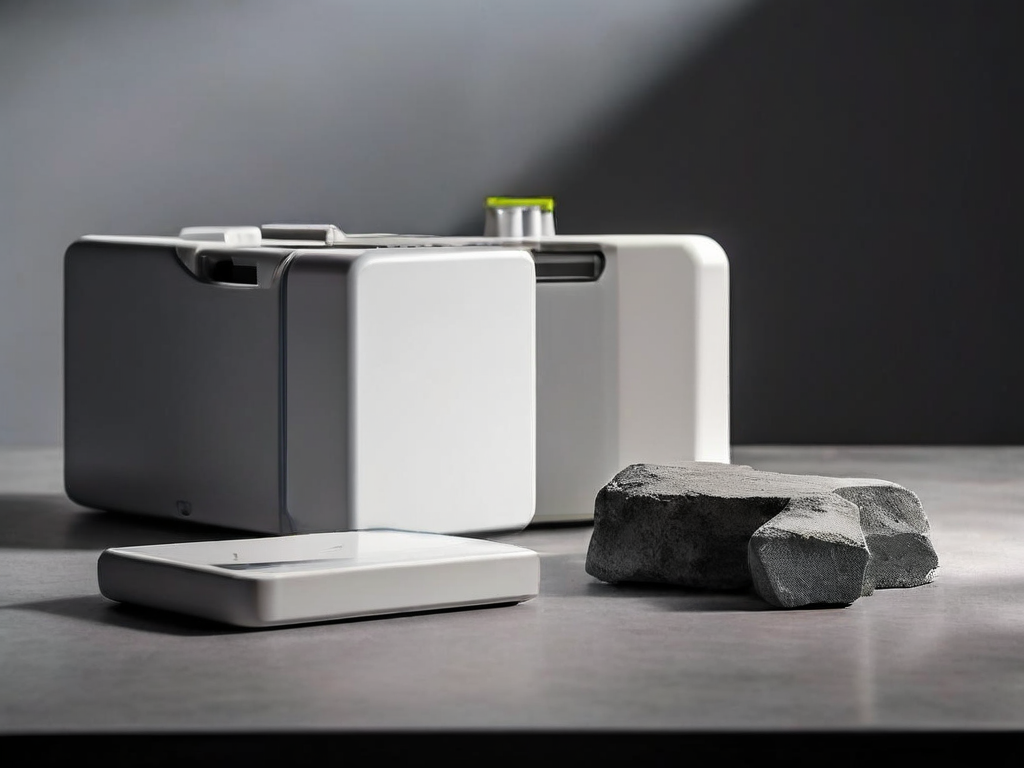 Portable drive and blank data blocks on acrylic tray with capacity gauge, studio lighting.