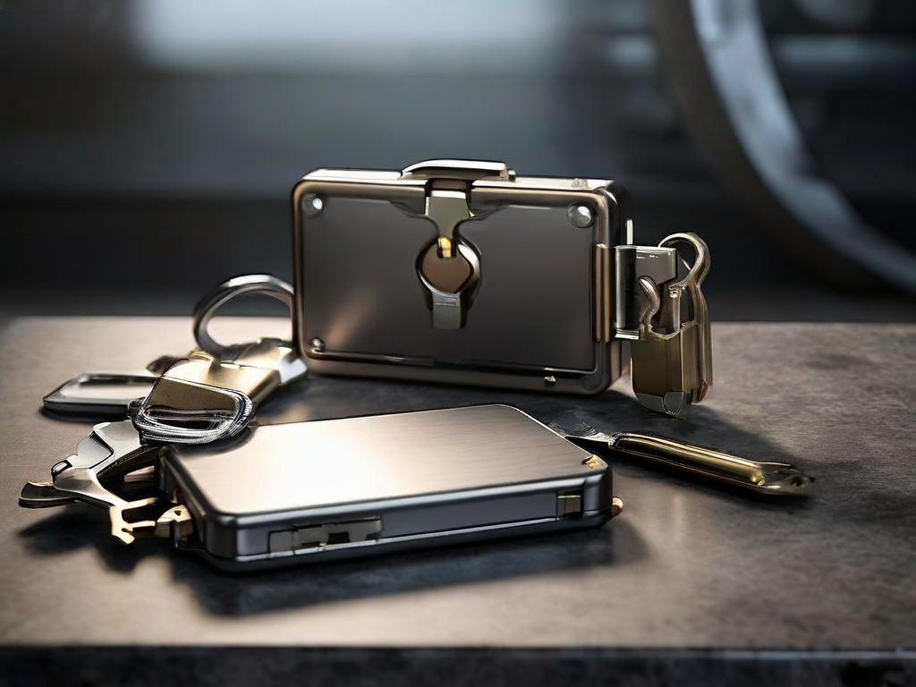 A closed padlock, a blank key case, and an empty security card on a stone counter.