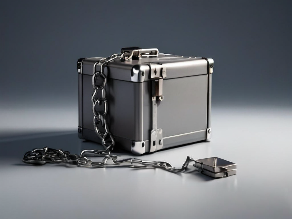 Sealed metal storage case and chain with data block icons on gray studio surface.