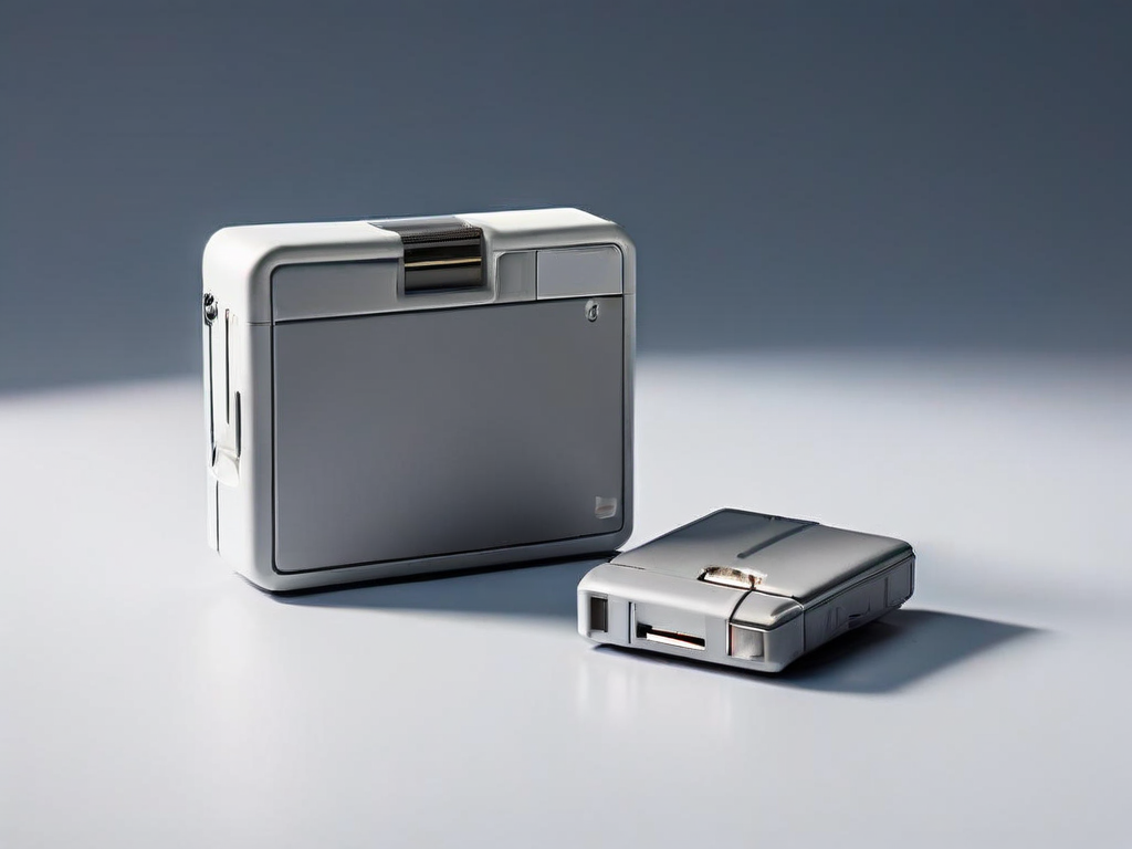 Gray external hard drive and memory card on studio surface, representing saved archive review.